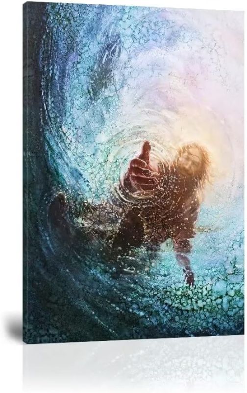 Photo 1 of 
Hand of Jesus Under Water Teal Blue Print on Canvas Wall Art for Christian Wall Decor Bedroom Living Room Christian Pictures Wooden Framed Ready to Hang