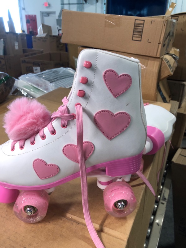 Photo 3 of Ruthfot Women's and Girl's Classic Roller Skates with Light up Wheels and Love Heart Pattern, High-top PU Leather Rollerskates White Youth's 2