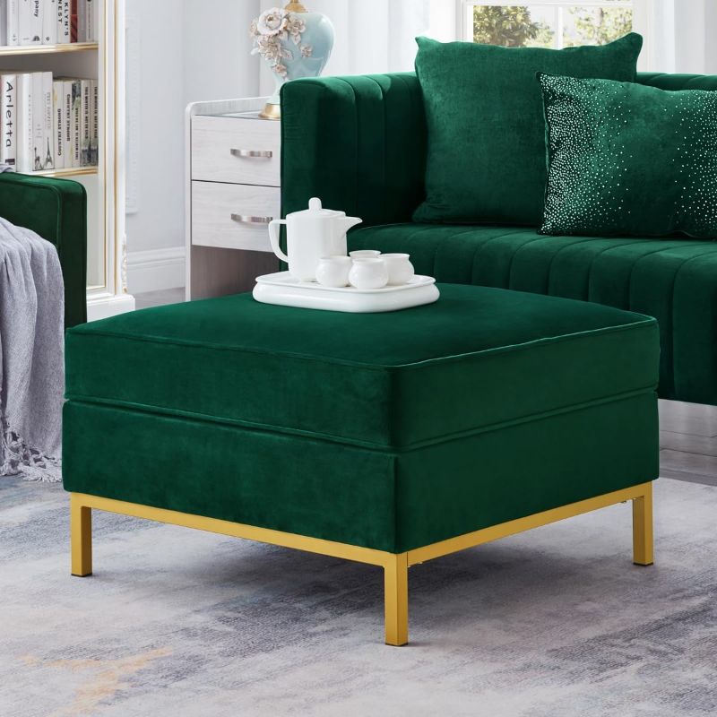 Photo 1 of 24KF Mid-Century Modern Upholstered Square Sofa Ottoman with Metal Base, upholstered Velvet Padded Cushion Coffee Table Ottoman,Large Footrest Ottoman for Couch-Jade
