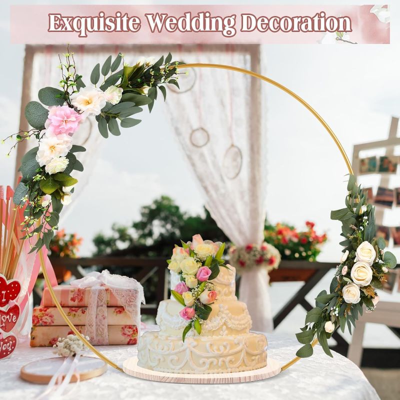 Photo 1 of **ONE ( 1 ) PIECE** Norme  Floral Hoop Centerpiece with Stand Wedding Arch Cake Stand 33.5" Round Cake Stand Gold Metal Floral Centerpieces Display Hoop with Wooden Stand for Wedding Reception Party Supplies
