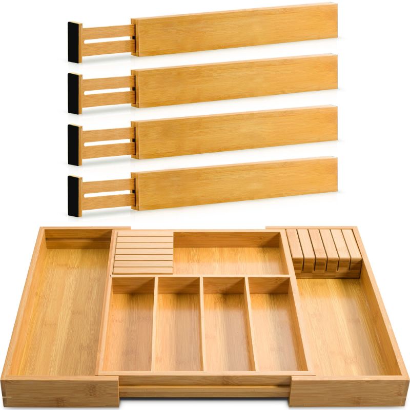 Photo 1 of Adjustable Drawer Dividers, Set of 4 Bundle with Expandable Kitchen Utensil Organizer, 7 Slots, with knife Organizer - Natural Bamboo Home, Kitchen & Office Drawer Separator and Organizing