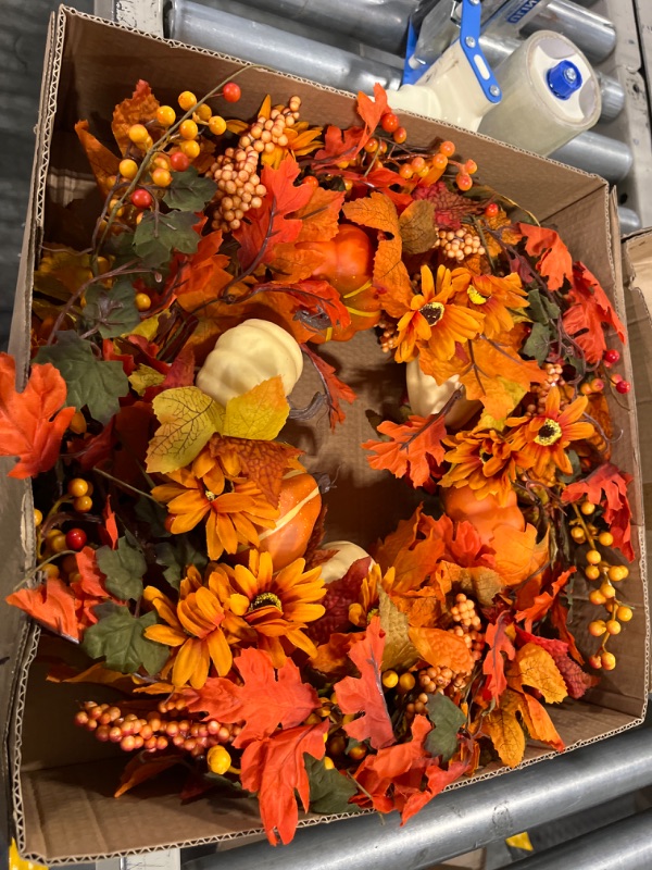 Photo 2 of Artificial Fall Wreath,22" Autumn Wreath for Front Door with Big Pumpkins and Orange Daisy Flowers Fall Maple Leaf Wreath for Front Door and Thanksgiving Decor