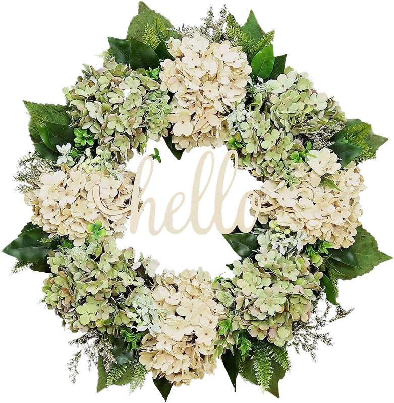 Photo 1 of *** "HELLO" sign broken*** Aixingxing Hello Door Wreath Hydrangea Wreath,Welcome Wreath Tulip Wreath 17 Inch Spring Summer Eucalyptus Wreath for Window Outdoor Front Door Home Decor...
