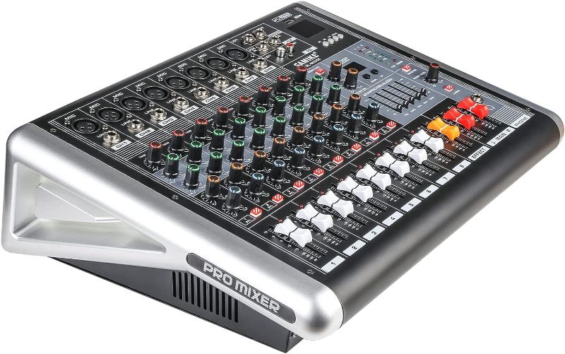 Photo 1 of Professional Dj Mixer Board 8 Channel Mixer, 8Ohm 2 Channel Power Mixer Amplifier 300 Watt Power Output Audio Mixer, with 16 Kinds of DSP Reverb Music Podcast Mixer, USB/MP3 DJ Music Player Controller
