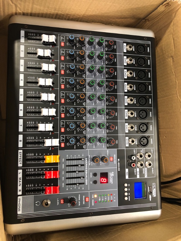 Photo 3 of Professional Dj Mixer Board 8 Channel Mixer, 8Ohm 2 Channel Power Mixer Amplifier 300 Watt Power Output Audio Mixer, with 16 Kinds of DSP Reverb Music Podcast Mixer, USB/MP3 DJ Music Player Controller
