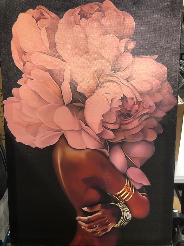 Photo 2 of African American Wall Art Pink Flower on Black Women Head Vintage Canvas Art Paintings Modern Abstract Girl Picture Home Wall Decor for Bedroom Living Room, Framed Ready to Hang (Pink, 16x24inch) Pink 16.00" x 24.00"