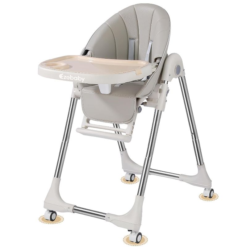 Photo 1 of Ezebaby Baby High Chair, Portable High Chair with Adjustable Heigh and Recline, Foldable High Chair for Babies and Toddler with 4 Wheels, High Chair for Toddlers with Removable Tray-(Grey)
