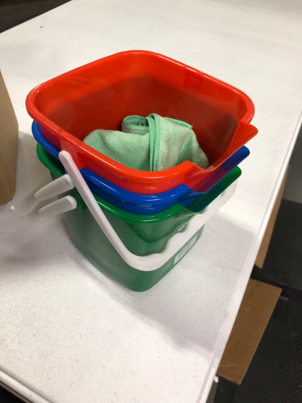 Photo 1 of Matthew Red&Green&Blue Detergent and Sanitizing Cleaning Bucket 3 Quart Cleaning Pail,Set of 3 Square Containers,Built-In Spout w/Handle,Wash Rinse Sanitize Handwash Bucket,Incl.3Pcs Microfiber Cloths Red&green&blue 3 Quarts-3Pack
