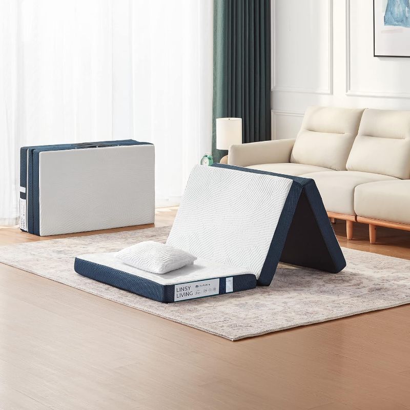 Photo 1 of LINSY LIVING Folding Mattress, 4 Inch Trifold Mattress with Washable Tencel Cover, Single Memory Foam Mattess, Foldable, Portable, Easy Storage Sofa Bed, Single Size, 74" * 25"