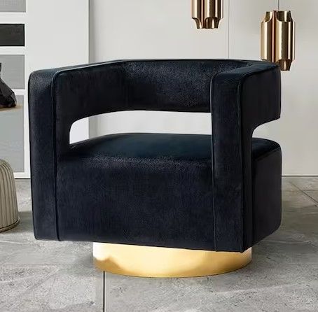 Photo 1 of Gustaf Contemporary Velvet Black Comfy Swivel Barrel Chair with Open Back and Metal Base