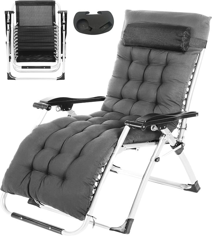 Photo 1 of AkiiGer Zero Gravity Chair, Adjustable Reclining Lounge Chair, Foldable Patio Recliner, Lawn Recliner with Removable Cushion/Pillow/Tray, Gray