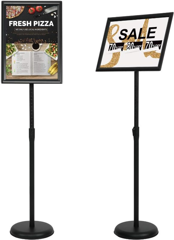 Photo 1 of  11 x 17 Inch Adjustable Pedestal Sign Holder Poster Stand, Heavy Duty Floor Standing Sign Holder Stand Aluminum Snap Open Display Frame for Vertical and Horizontal View Sign Displayed(Black)
 
