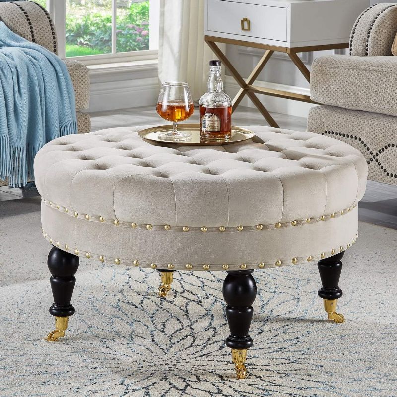 Photo 1 of 24KF Large Round Upholstered Tufted Button Velvet Ottoman Coffee Table, Large Footrest Bench with Golden Casters Rolling Wheels-Taupe/Golden