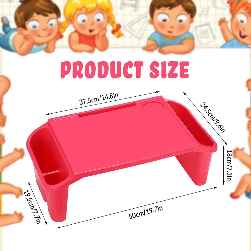 Photo 1 of Leinuosen 1 Pcs Kids Lap Desk Tray with Storage Plastic Breakfast Laptop Trays with Side Pockets and Slot Portable Lap Bed Table for Writing Eating Game Classroom Snacks Boy Girl Toddler Child Pink