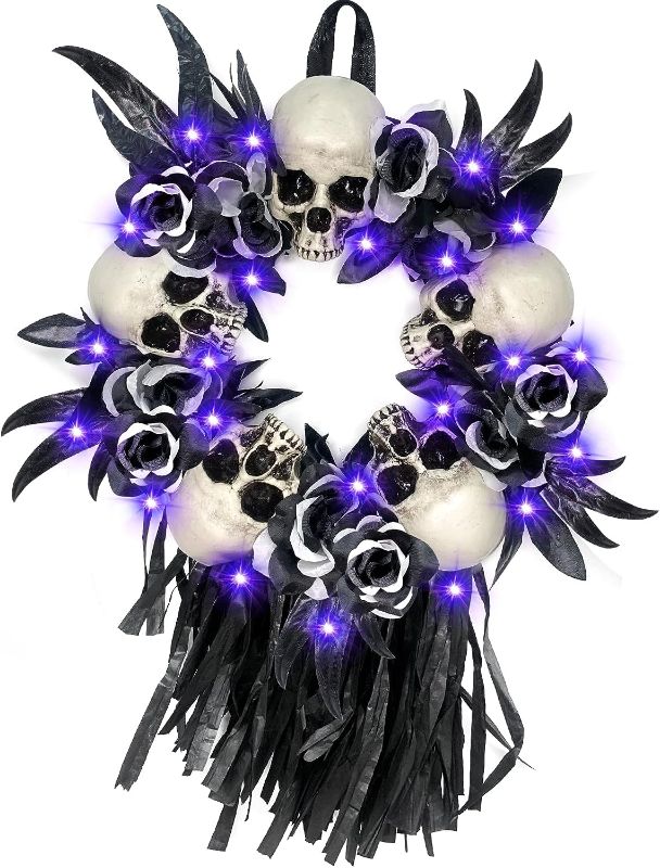 Photo 1 of 16 by 28 Inch Prelit Black Tassel Skull Halloween Wreath with 20 LED Purple Lights for Front Door Day of the Dead Decoration Skeleton Feather Battery Operated Halloween Decor Outdoor Indoor Home Party
