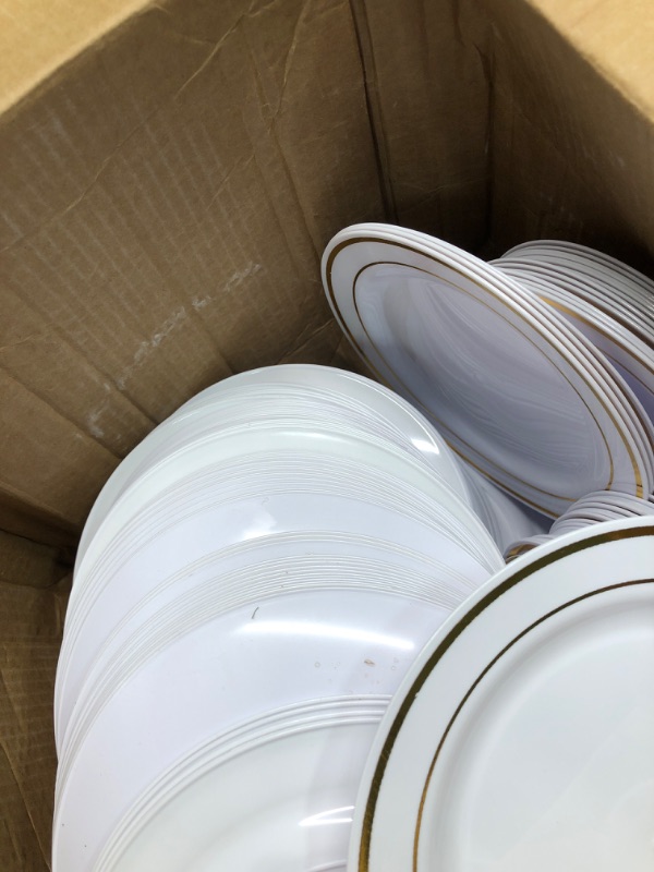 Photo 4 of 200 Pieces Disposable Plates Plastic Party Plates with Rim Hard Plastic Appetizer Salad Dessert Plates 7.5 Inch Elegant Heavy Duty Plates for Dinner Wedding Party Supplies(Gold Rim) Gold, Silver, White