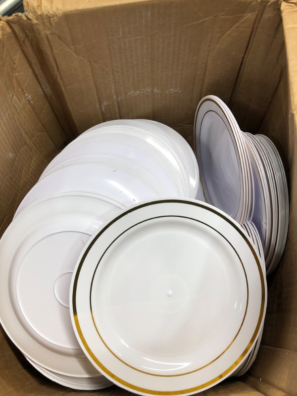 Photo 3 of 200 Pieces Disposable Plates Plastic Party Plates with Rim Hard Plastic Appetizer Salad Dessert Plates 7.5 Inch Elegant Heavy Duty Plates for Dinner Wedding Party Supplies(Gold Rim) Gold, Silver, White