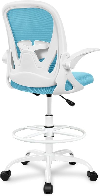 Photo 1 of Primy Drafting Chair Tall Office Chair with Flip-up Armrests Executive Ergonomic Computer Standing Desk Chair with Lumbar Support and Adjustable Footrest Ring?Blue?