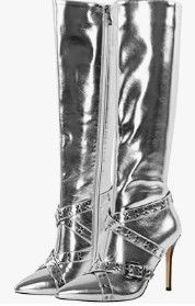 Photo 1 of sexytag Women's Metallic Knee High Boots Stiletto Heel Pointed Toe Buckle Strap Fashion Boots - Size 7