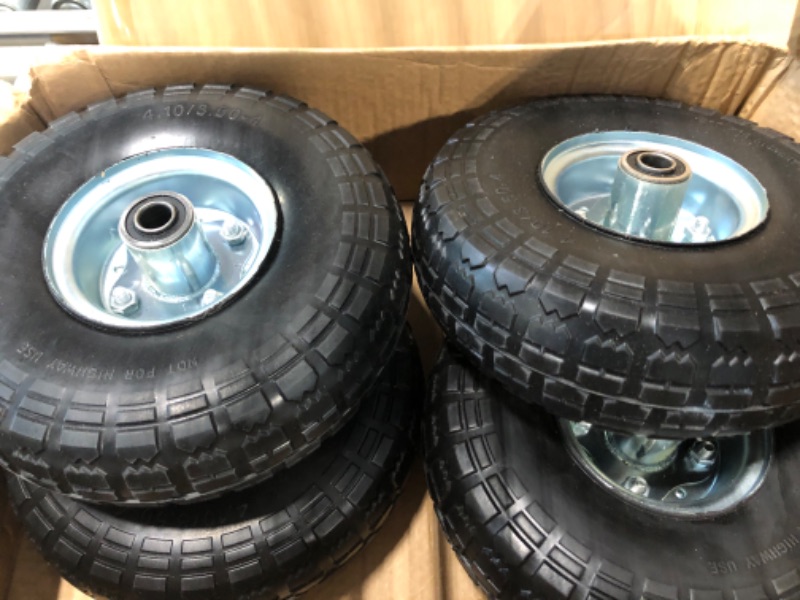 Photo 3 of (4-Pack) AR-PRO 10-Inch Solid Rubber Tires and Wheels - Replacement 4.10/3.50-4” Tires and Wheels with 5/8” Axle Bore Hole, 2.2” Offset Hub, and Double Sealed Bearings - Perfect for Gorilla Carts 4 Sliver