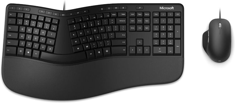 Photo 1 of Microsoft Ergonomic Desktop - Black - Wired, Comfortable, Ergonomic Keyboard and Mouse Combo, with Cushioned Wrist and Palm Support. Split Keyboard. Dedicated Office Key.
