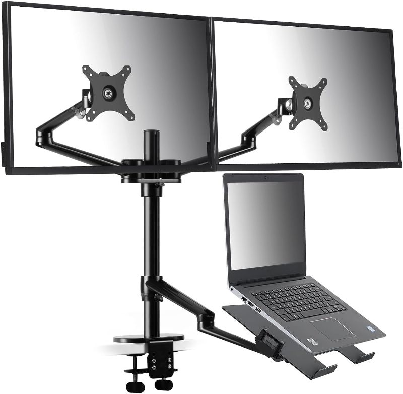 Photo 1 of Monitor and Laptop Mount, 3-in-1 Adjustable Triple Monitor Arm Desk Mounts, Dual Desk Arm Stand/Holder for 17 to 27 Inch LCD Computer Screens, Extra Tray Fits 12 to 17 inch Laptops 