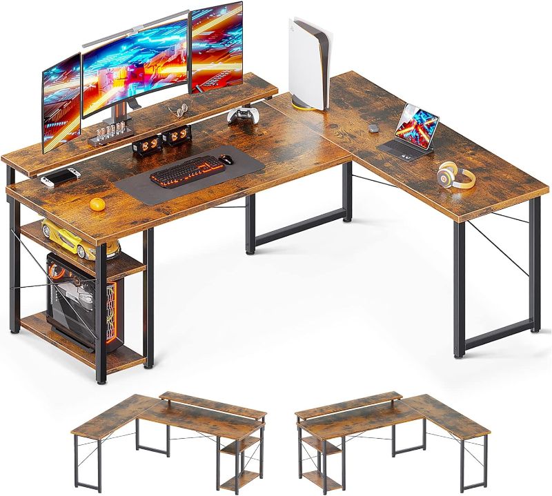 Photo 1 of ODK L Shaped Gaming Desk, 61'' Corner Computer Desk with Monitor Stand & Storage Shelf, Sturdy Home Office Desk, Writing Desk Table, Work Desk, Vintage
