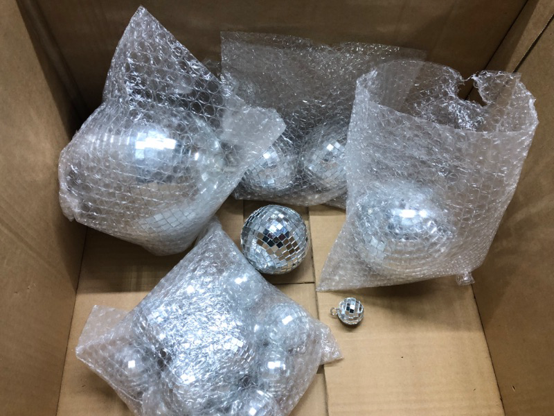 Photo 3 of 50 Pcs Disco Balls Ornaments Mini Disco Balls Silver Hanging Decorations Reflective Mirror Ball Cake Decoration 70s Disco Party Supplies for Christmas Festive (12'', 6'', 4'', 3.2'', 2'', 1.2'')