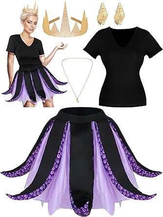 Photo 1 of Ramede 5 Pcs Women's Halloween Sea Costume Purple Octopus Cosplay Costume Black Purple Tentacle Skirt Gold Necklace
