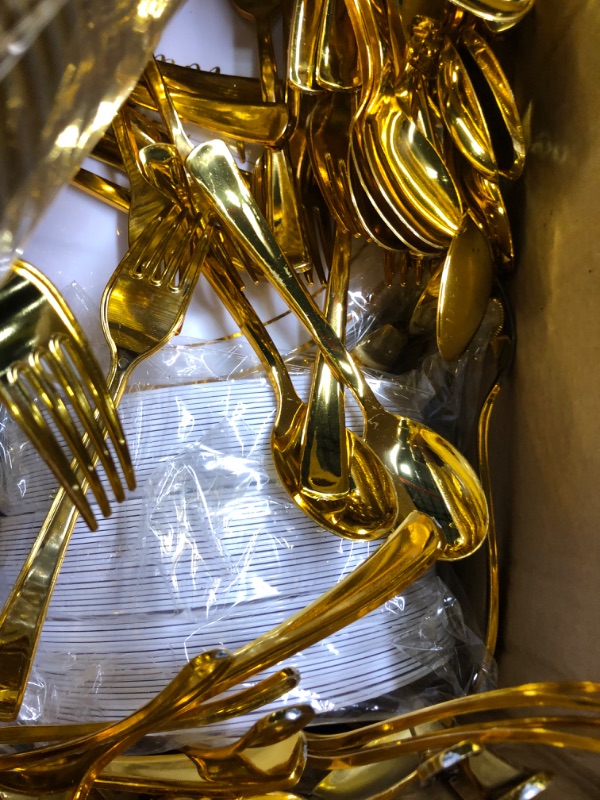 Photo 3 of 600 Pcs Gold Dinnerware Wedding Set, 200 Mr and Mrs Gold Plates Plastic Plates, 100 Gold Plastic Silverware Set, 100 Mr and Mrs Plastic Cups Disposable Dinnerware Set for Wedding Party Supplies