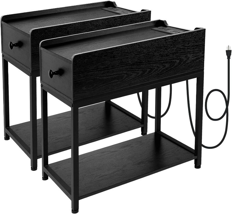 Photo 1 of AMHANCIBLE End Tables Living Room Set of 2 with Charging Station, Black Nightstand with Drawer, Bedside Tables with USB Ports & Outlets, Slim Side Table for Small Spaces, Bedroom, Couch, HET04LDBK
