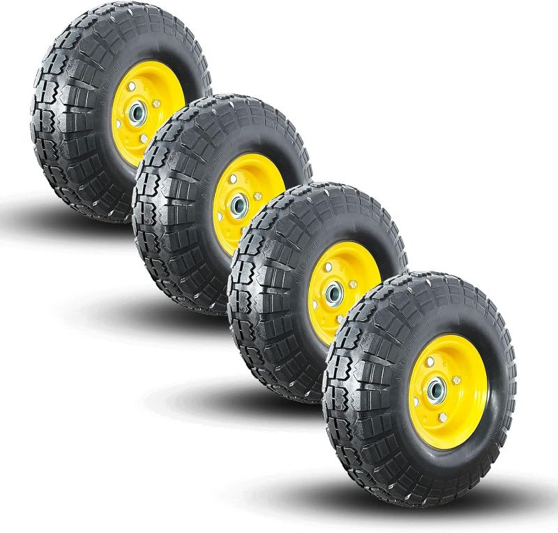 Photo 1 of 4.10/3.50-4 tire and Wheel,10" Flat Free Solid Tire Wheel with 5/8" Bearings,2.1" Offset Hub,for Gorilla Cart,Garden Carts,Dolly,Trolley,Dump Cart,Hand Truck/Wheelbarrow/Garden Wagon (4-Pack)