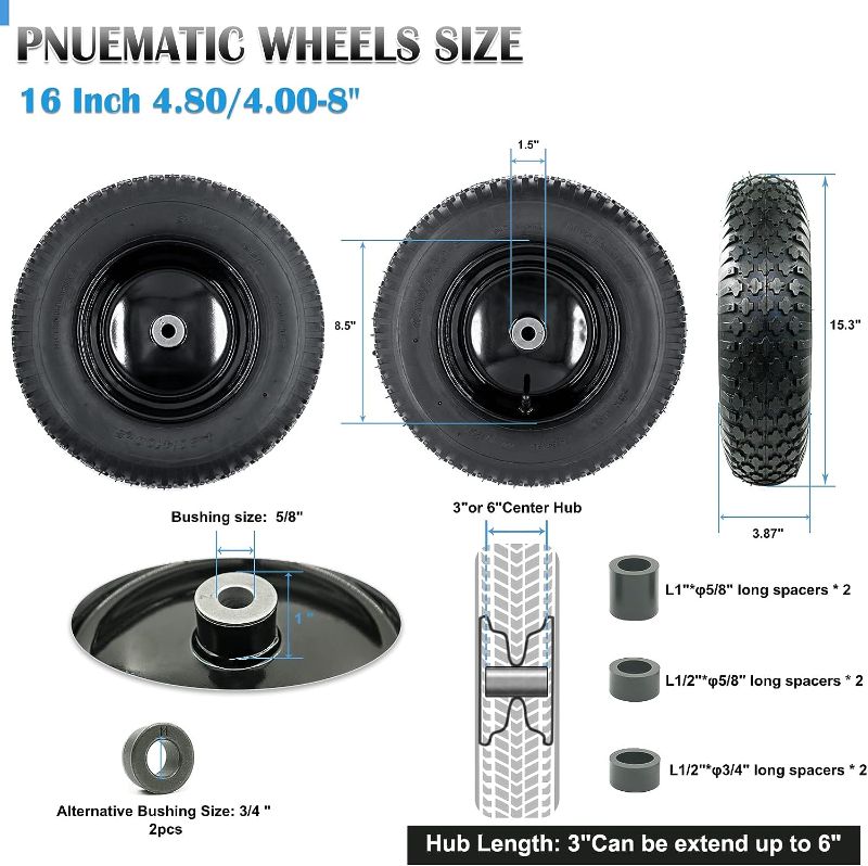 Photo 1 of 4.80/4.00-8" Pnuematic Tire and Wheel Assy,2PR (Air Filled)- 5/8"or 3/4" Powdered Metal bushings and 3"or 6"Center Hub, for Wheelbarrows,Garden and Utility Carts,Trolleys,Wagon and More
