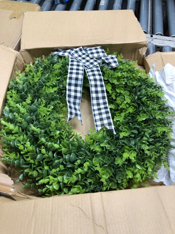 Photo 3 of 23" Faux Round Boxwood Wreath, Vlorart Artificial Boxwood Wreath Front Door Wreaths Artificial Spring Summer Greenery Hanging with A Plaid Bow for Front Door Wall Hanging Window Wedding Party Decor 23inch