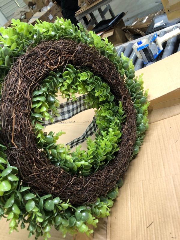 Photo 4 of 23" Faux Round Boxwood Wreath, Vlorart Artificial Boxwood Wreath Front Door Wreaths Artificial Spring Summer Greenery Hanging with A Plaid Bow for Front Door Wall Hanging Window Wedding Party Decor 23inch