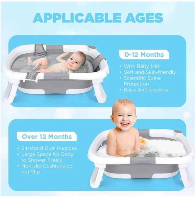 Photo 1 of Foldable Baby Bathtub for Infants to Toddler,Portable Travel Bathtub Multifunctional Bathtub with Drain Hole, Baby Bathtub for Newborn 0-36 Month Gray (with Net)