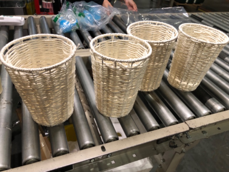 Photo 1 of 4 Pieces Wicker Waste Bin Small Trash Can Round Waste Basket for Bedroom Decorative Waste Paper Basket Woven Garbage Can Rubbish Basket for Bedroom Bathroom Offices Home, 9.3 x 6.9 x 5.1 Inch (White)