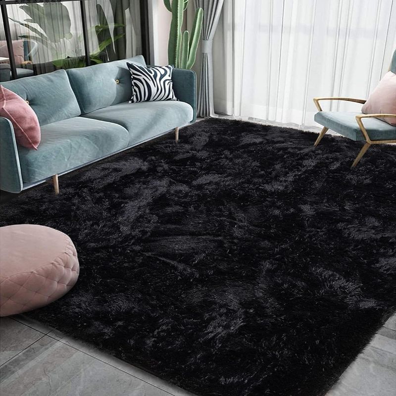 Photo 1 of  Fluffy Area Rugs Modern Shag Rug for Bedroom Living Room, 6x9 Feet Super Soft and Comfy Carpet, Cute Carpets for Kids Nursery Girls Home Dorm, Black
