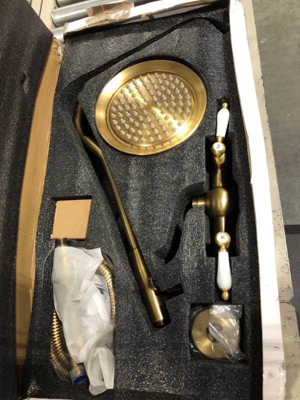 Photo 1 of Antique Brass Shower Faucet 8-inch Shower Head Fixture with Handheld Spray Double Lever Handle Bathtub Spout Triple Function Bathroom Wall Mount Ceramic Handle Antique Brass