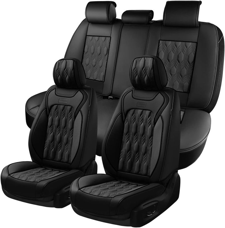 Photo 1 of Coverado Car Seat Covers, Premium Nappa Leather Auto Seat Cushions Full Set with Embossed Pattern, Universal Fit Interior Accessories for Most Cars, Sedans, SUVs and Trucks, Black Embossed Black