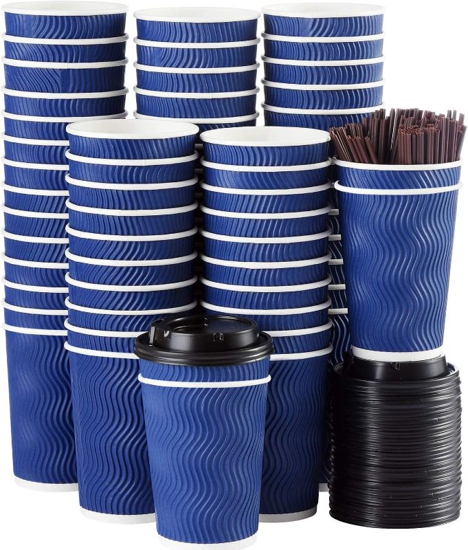 Photo 1 of **NO LIDS** 100 Pack 12 oz Paper Coffee Cups, Disposable Coffee Cups , Drinking Cups for Cold/Hot Coffee, Water, Juice, or Tea. Hot Paper Coffee Cups for Home, Restaurant, Store and Cafe.(Blue and Gray)
