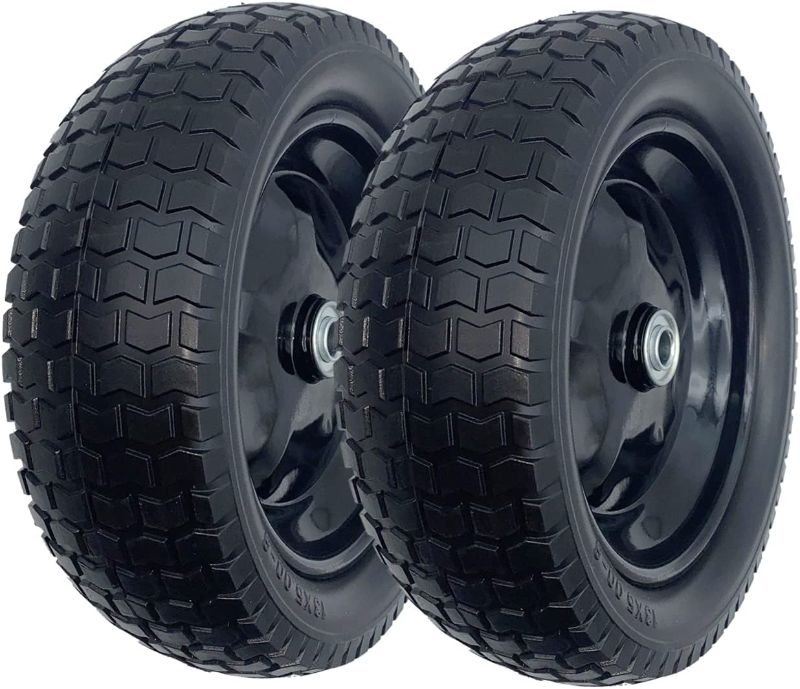 Photo 1 of 2 Pack Small 13x5.00-6 Flat Free Tire,Turf Tread,2.25"offset hub with steel rim ,5/8" ball bearing , Tire OD:299-309mm,12'',Tire SW:88.5-94.5mm, PU Foam wheel,small solid trolley wheel