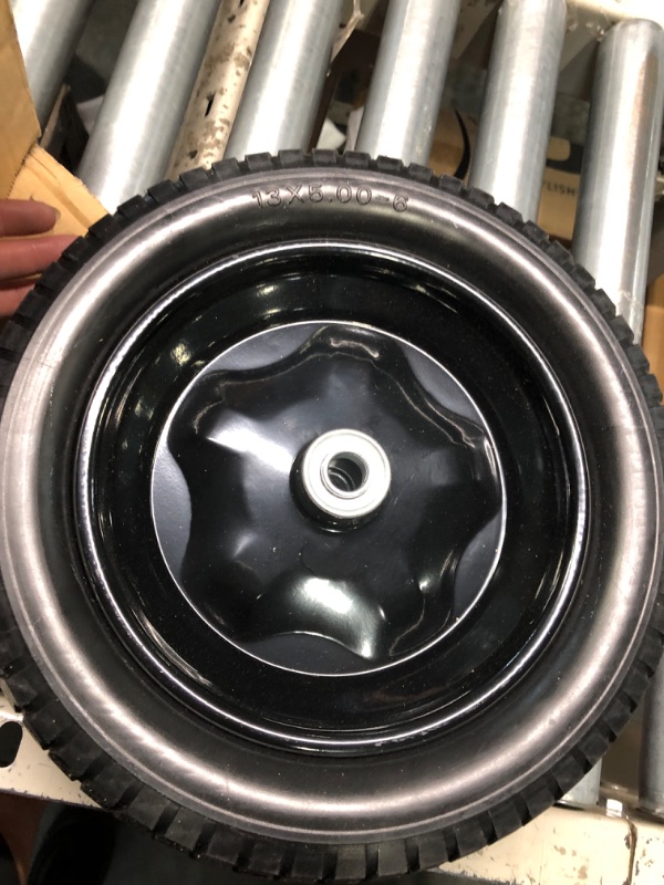 Photo 4 of 2 Pack Small 13x5.00-6 Flat Free Tire,Turf Tread,2.25"offset hub with steel rim ,5/8" ball bearing , Tire OD:299-309mm,12'',Tire SW:88.5-94.5mm, PU Foam wheel,small solid trolley wheel