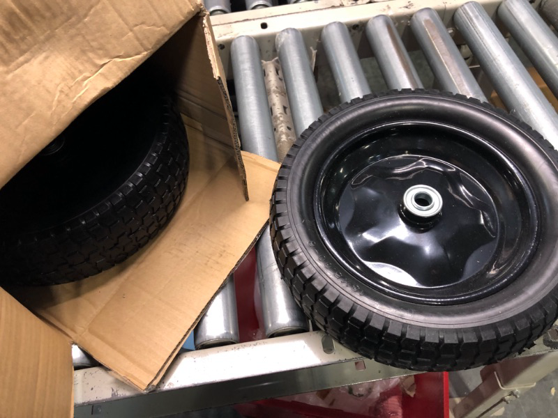 Photo 3 of 2 Pack Small 13x5.00-6 Flat Free Tire,Turf Tread,2.25"offset hub with steel rim ,5/8" ball bearing , Tire OD:299-309mm,12'',Tire SW:88.5-94.5mm, PU Foam wheel,small solid trolley wheel