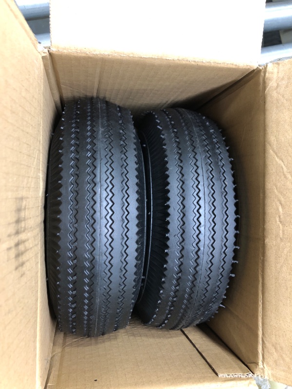 Photo 3 of GICOOL 10" Tire and Wheel, 2 Pack, 4.10/3.50-4 Pneumatic Tire, with 2.25" Offset Hub, 5/8" Axle Bore Hole, Sealed Bearings for Hand Truck Trolley Dolly Garden Wagon Gorilla Cart Wheel Replacement