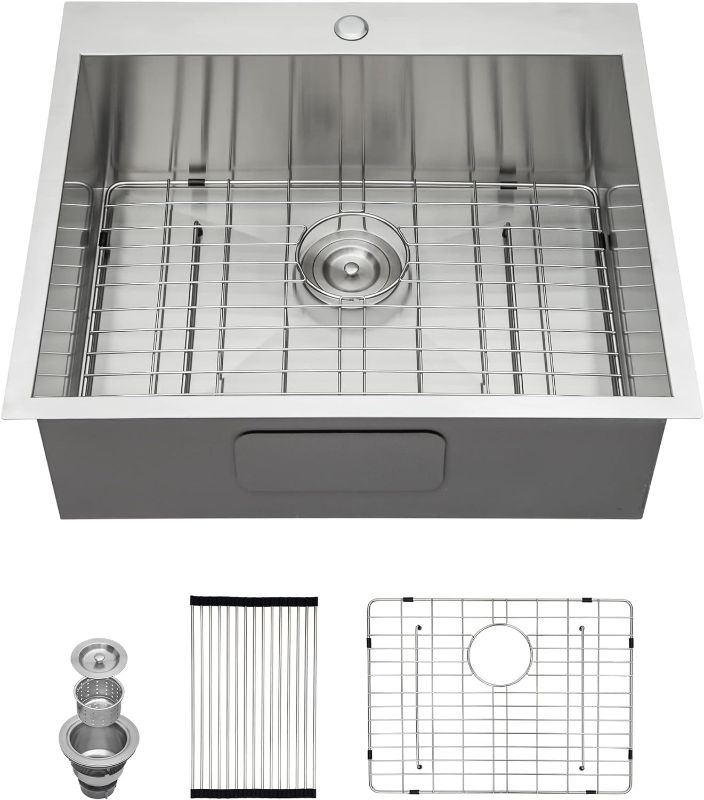 Photo 1 of Drop in Kitchen Sink- GhomeG 25" x 22" Topmount Deep Single Bowl 18 Gauge Stainless Steel Kitchen Sink Bar Sink with 2 Holes 25"x22"x9 Stainless Steel