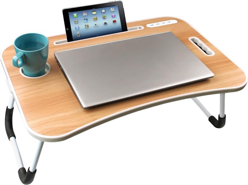 Photo 1 of Acoode Folding Laptop Desk Adjustable Foldable Lap Stand for Bed Tray Table with USB Port Cup Holder for Working Eating Breakfast Reading Book on Sofa Floor (Walnut)