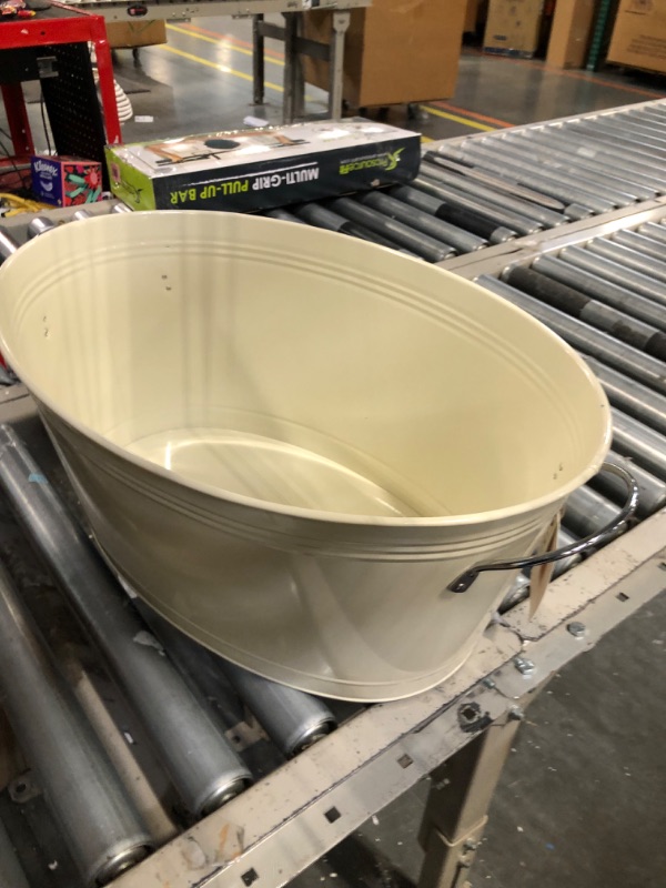Photo 1 of *LEFT HAND BROKEN* Twine Rustic Farmhouse Decor Ice Bucket & Galvanized Cheers Beverage Tub for Parties, 6.3 Gallons, Cream