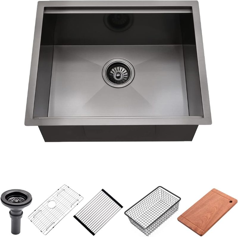 Photo 1 of 23 Inch Black Stainless Steel Undermount Kitchen Sink, Luckyhorse 16 Gauge Deep Matte Black Stainless Steel Undermount Workstation Kitchen Sink with Black NANO Accessories LH011S
