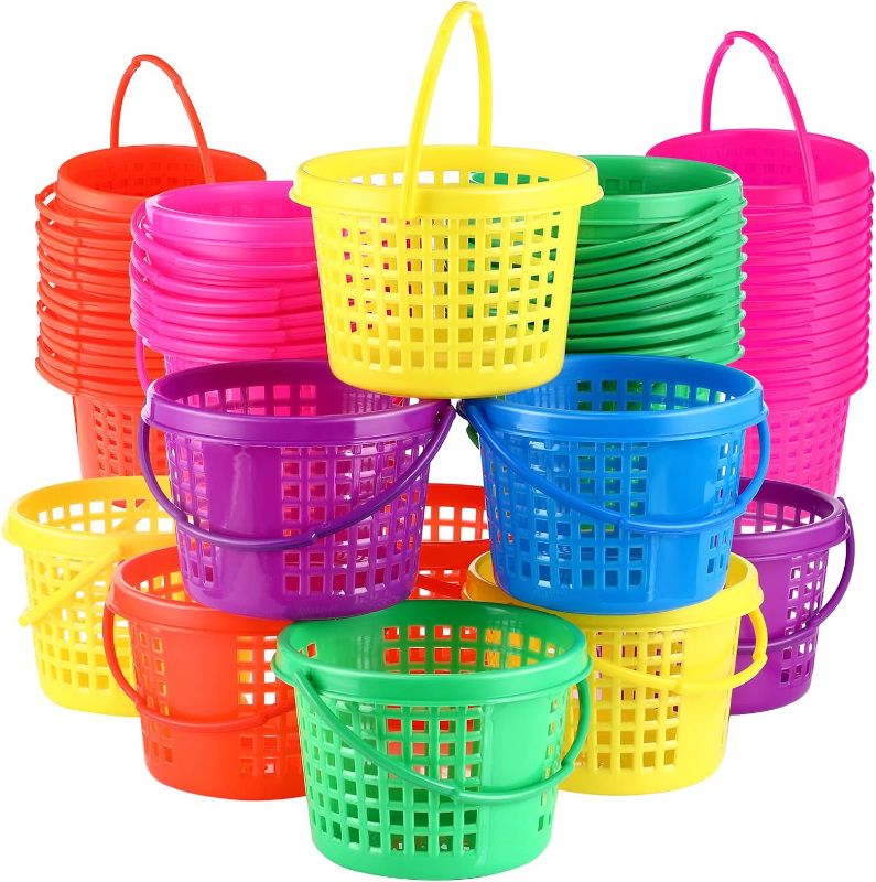 Photo 1 of 100 Pcs Plastic Easter Baskets Bulk Mini Colorful Easter Baskets with Handles Round Easter Basket for Easter Party Egg Hunts Small Easter Bucket for Easter Eggs Party Favor for Kids Baby Toddler
